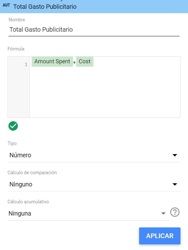 Fórmula personalizada en Data Studio