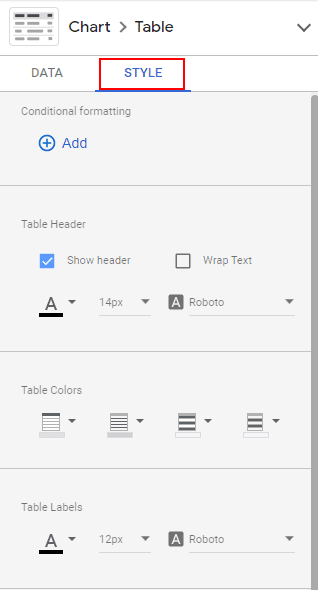 Google Data Studio: Chart-Table-Style