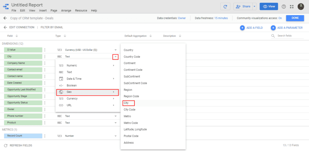 Change the city data type on Google Data Studio