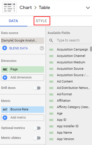 Google Data Studio: Chart-Table-Conditional formatting