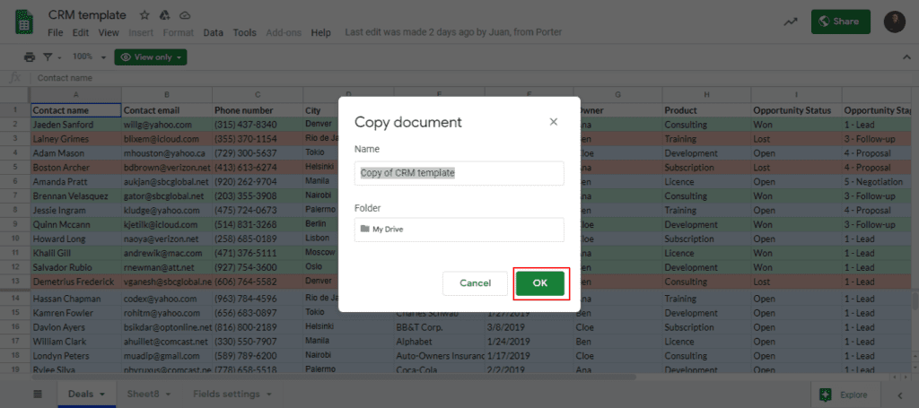 Make a copy of a Google Sheet shared with you