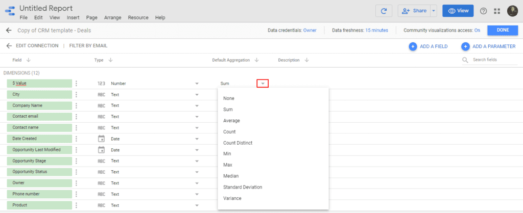 Edit your field aggregation on Google Data Studio