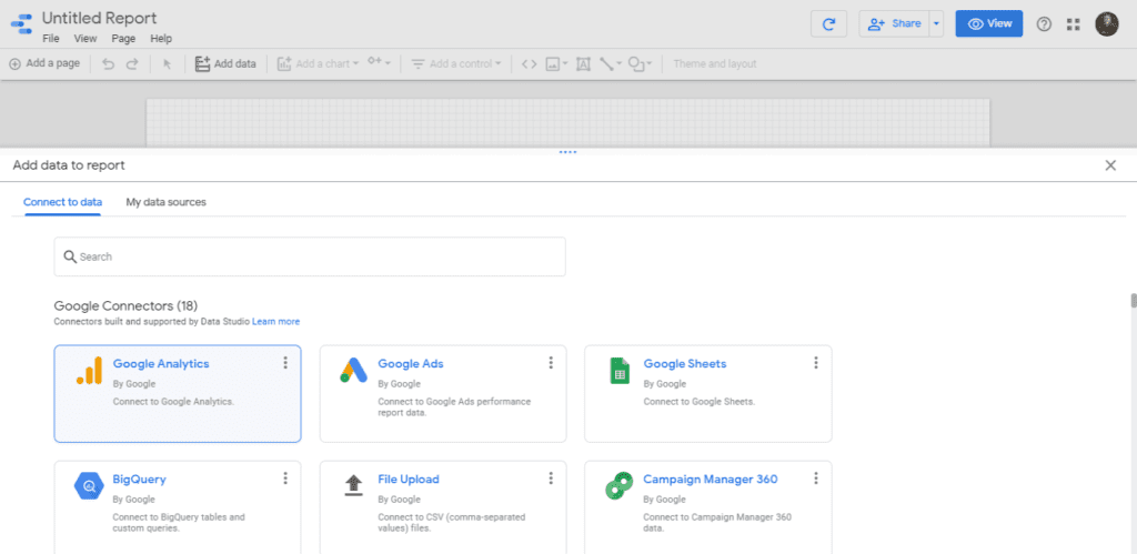 Connect Google Analytics with Google Data Studio on your blank report. 