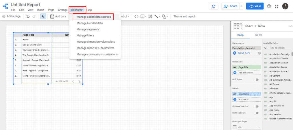 Manage your data sources on your Google Data Studio report