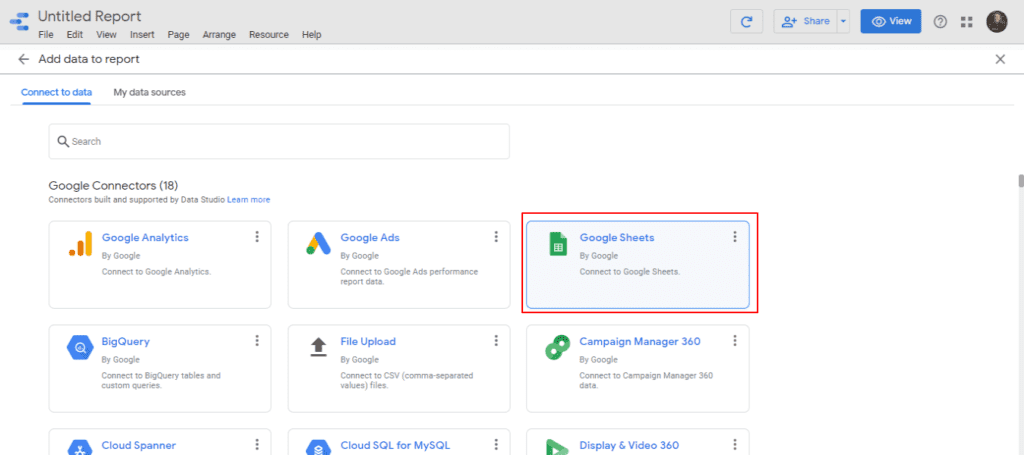 Add a Google Sheet as a data source on your current report at Google Data Studio