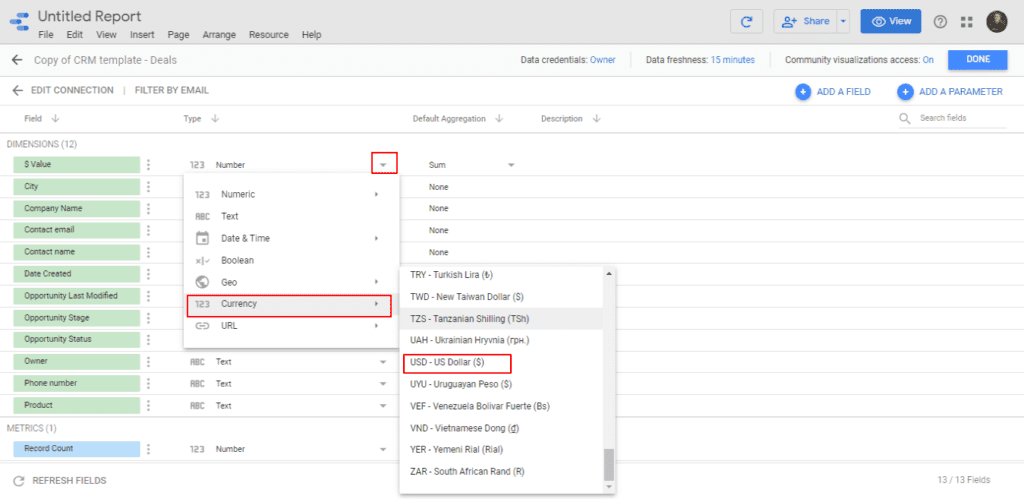 Change the currency data type on Google Data Studio