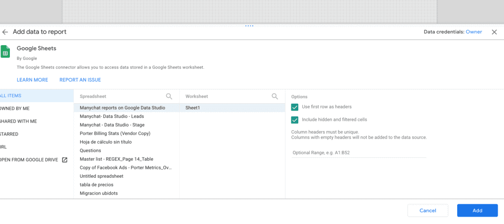 Connecting Google Sheets and Manychat to Data Studio