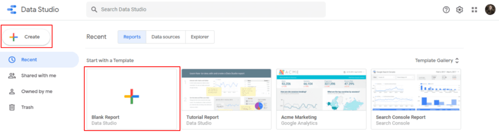 Create your first report on Google Data Studio clicking on Blank Report