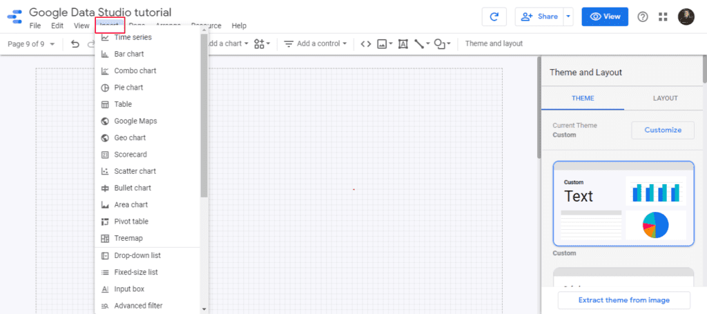 Google Data Studio dashboard and choose Insert in the menu or Add a chart