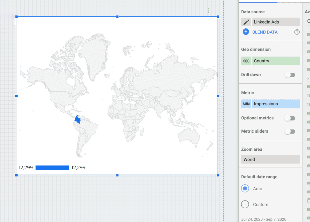 LinkedIn Ads geographic report on Google Data Studio: ad impressions by country breakdown