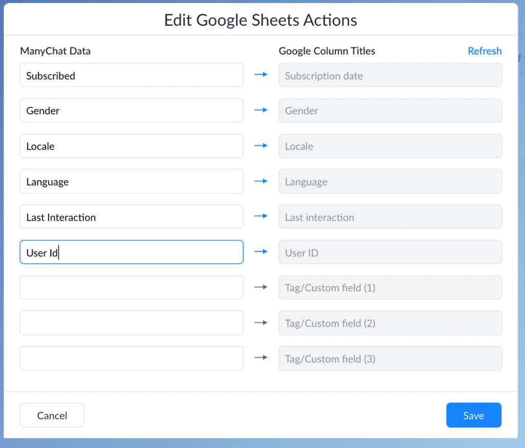 ManyChat Data integration with google sheet