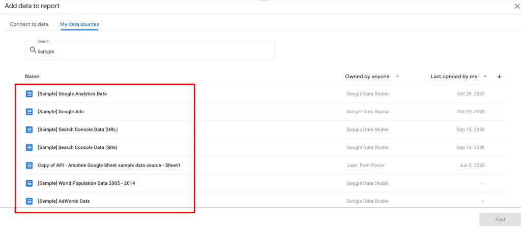 Sample data sources on Google Data Studio
