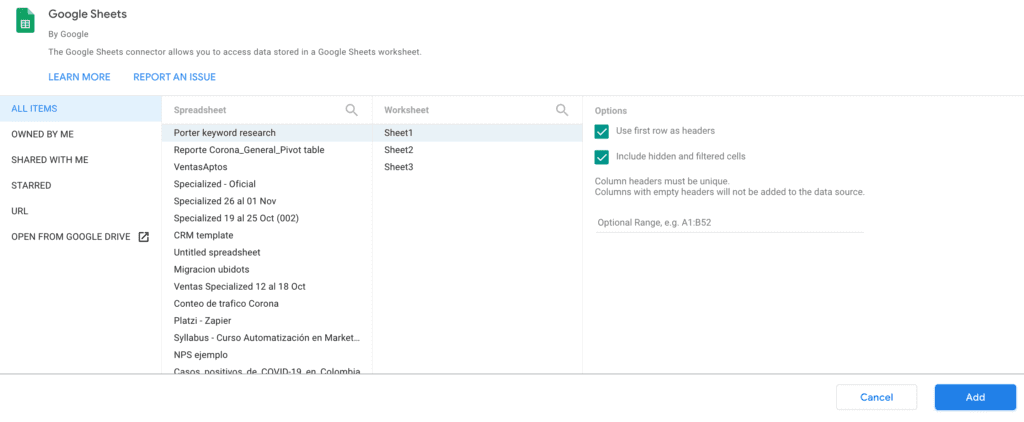 Setting up Google-Sheets on Data Studio