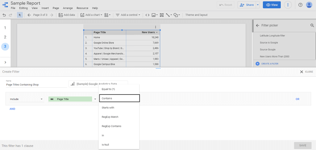 How To Create Filters On Google Data Studio-Contains