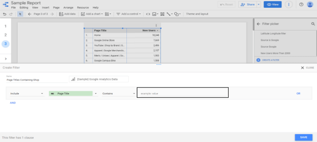 How To Create Filters On Google Data Studio-Dimension Value (Shop) 