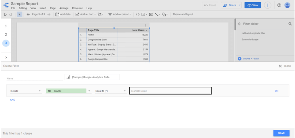 How To Create Filters On Google Data Studio-input the value as Google