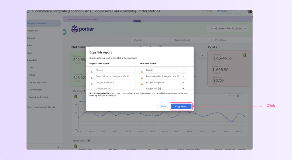 copying a looker studio template with multiple data sources