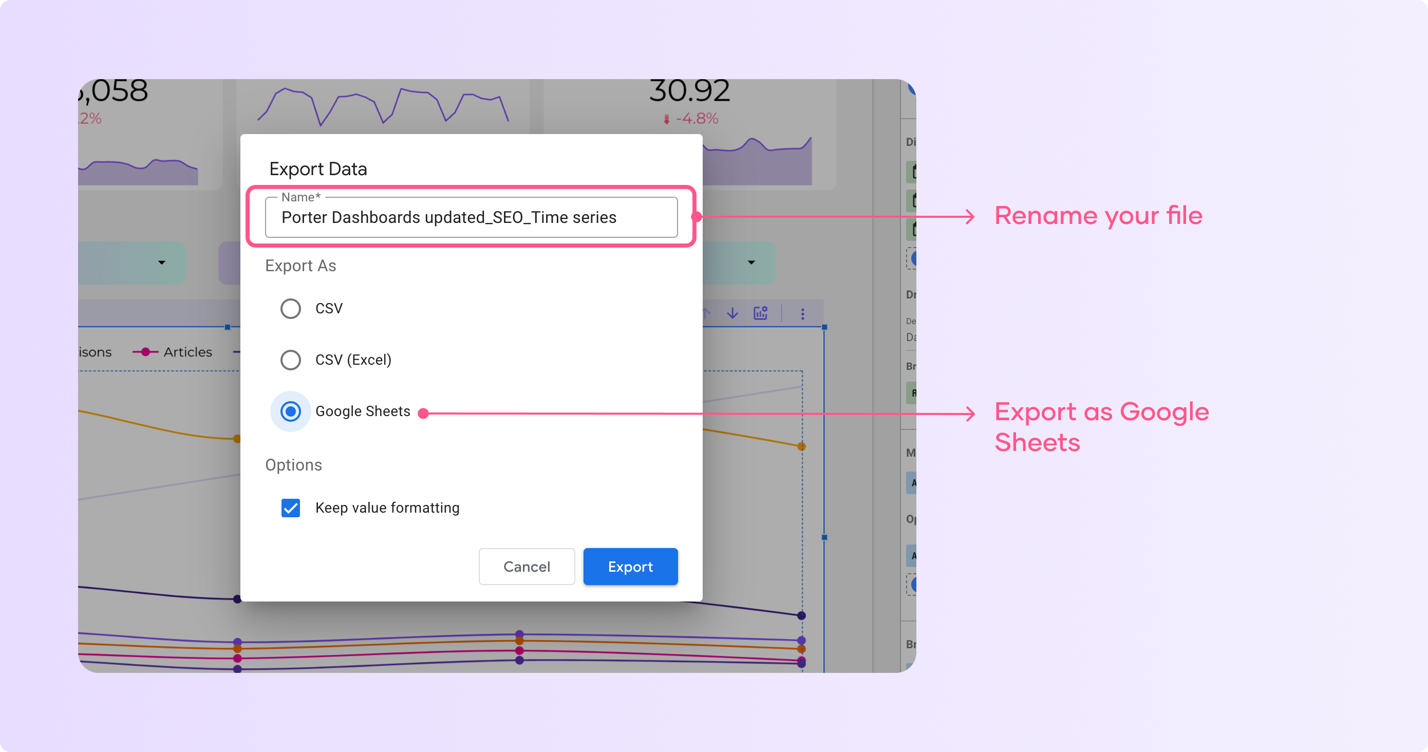 Setting to export data from a chart to Google Sheets