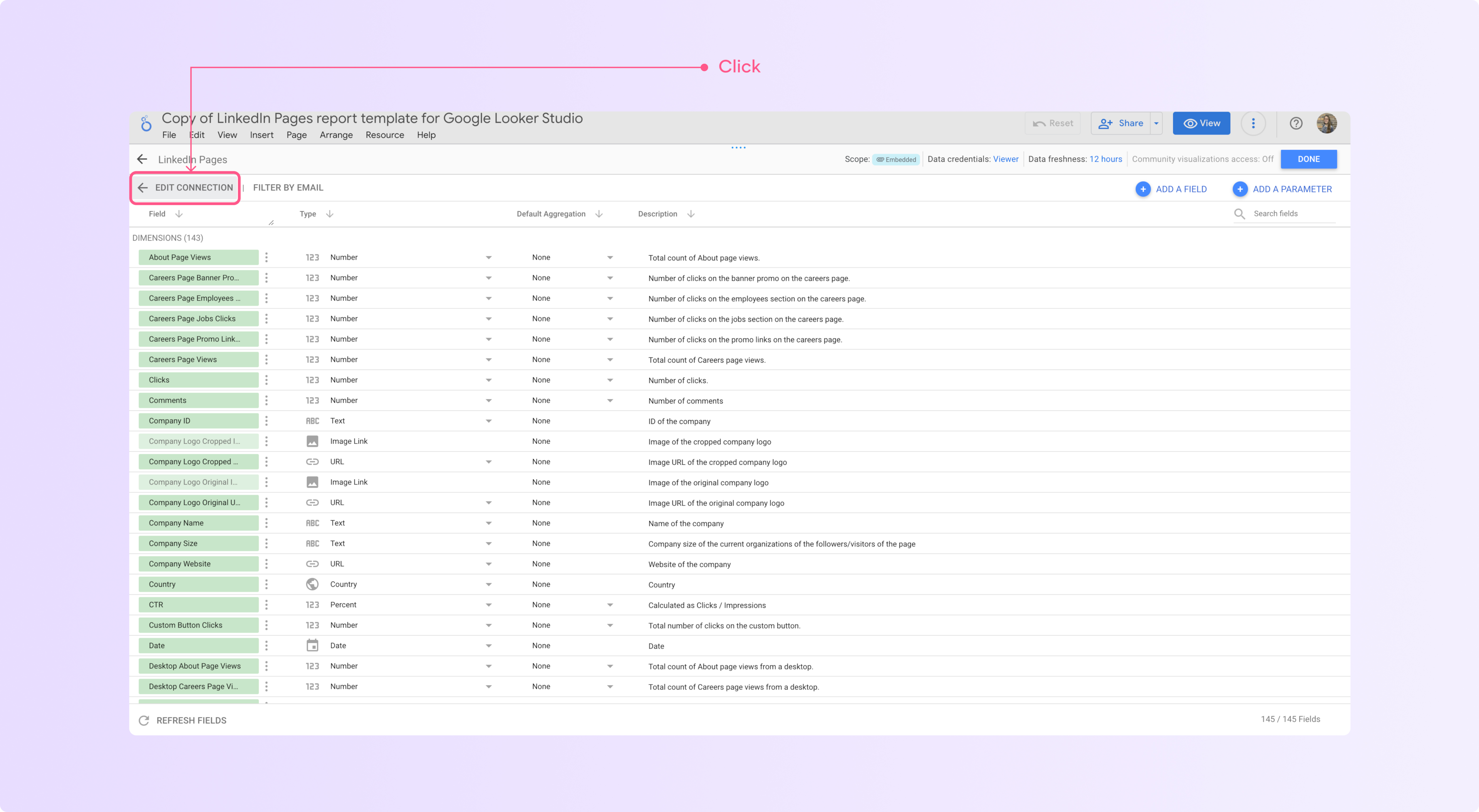 Edit connection to change a data source on Looker Studio