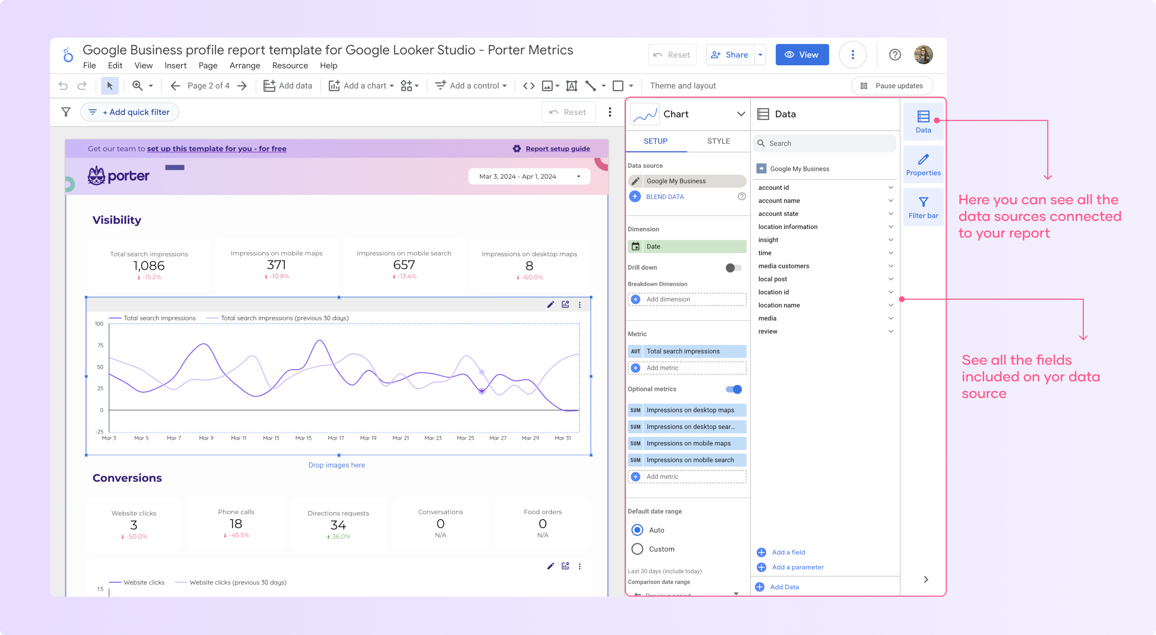 Visualize your data source and the fields on your Looker Studio report