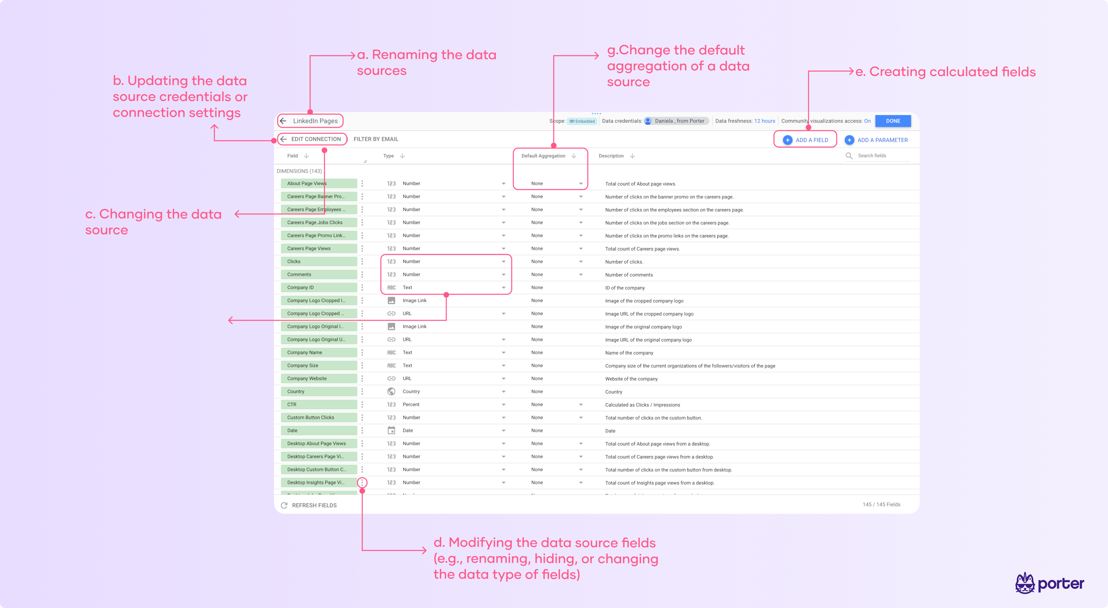 Edit data source settings: rename, update credentials, apply filters, modify metrics.