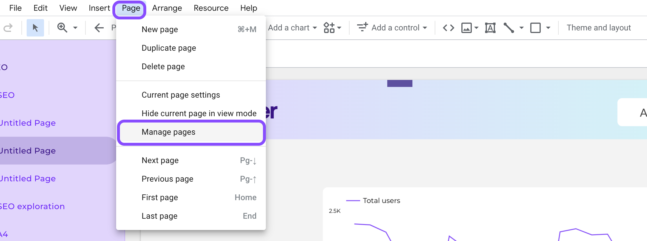Manage pages on Looker Studio
