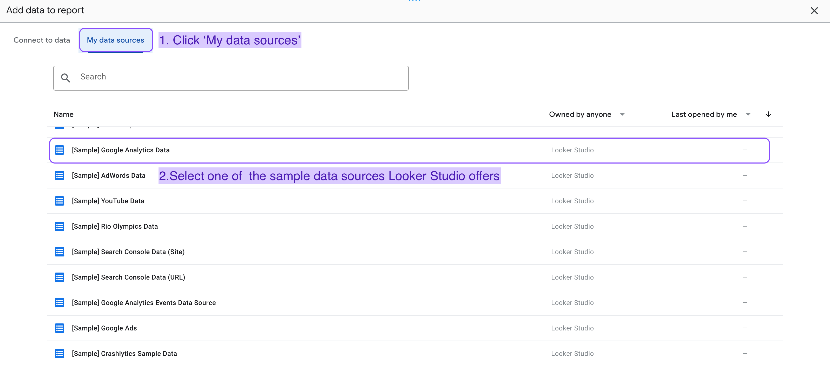 Conjuntos de dados de amostra em 'minhas fontes de dados' no Looker Studio