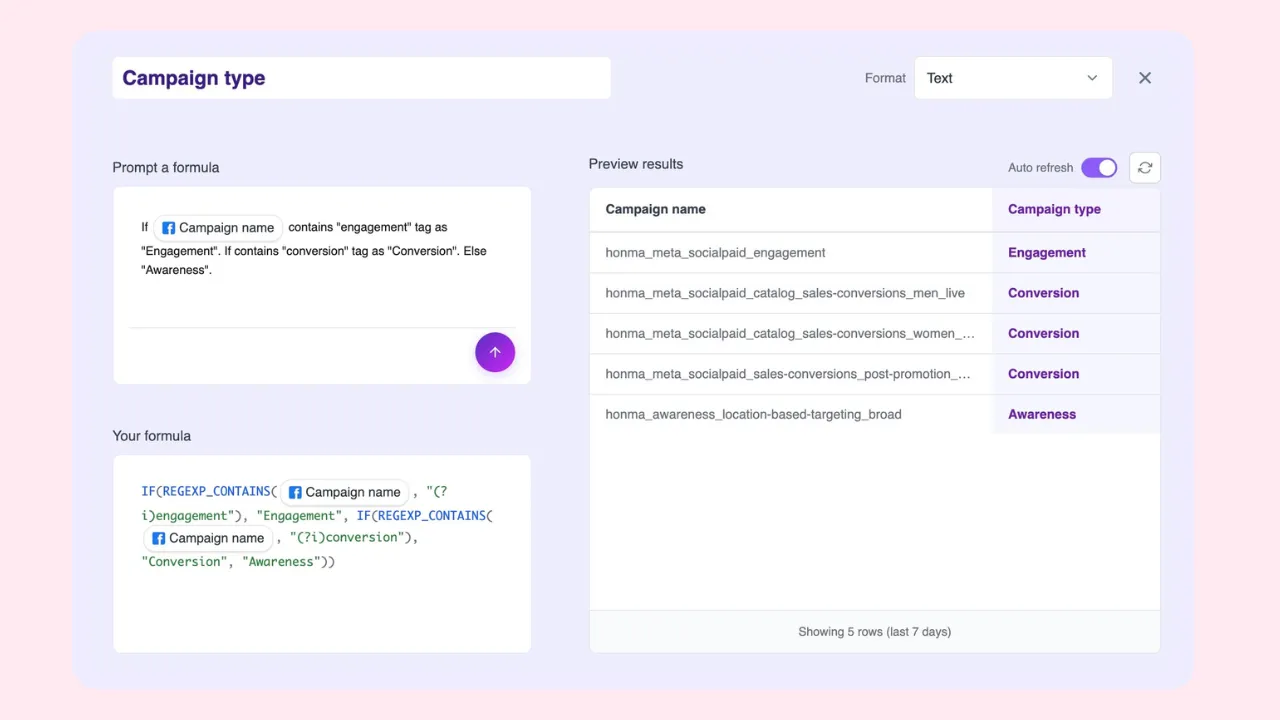 AI query builder interface with custom fields