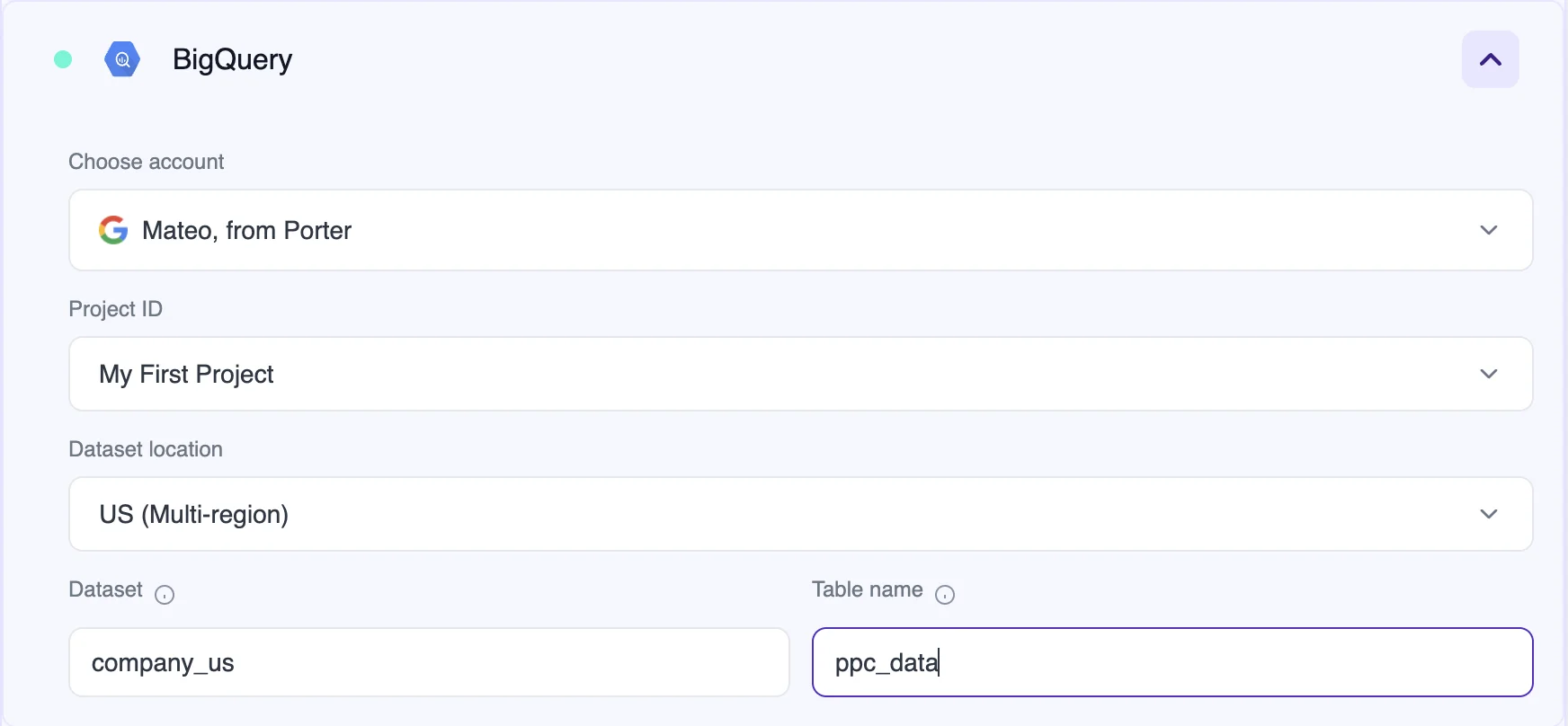 Interfaz para seleccionar tus proyectos de BigQuery