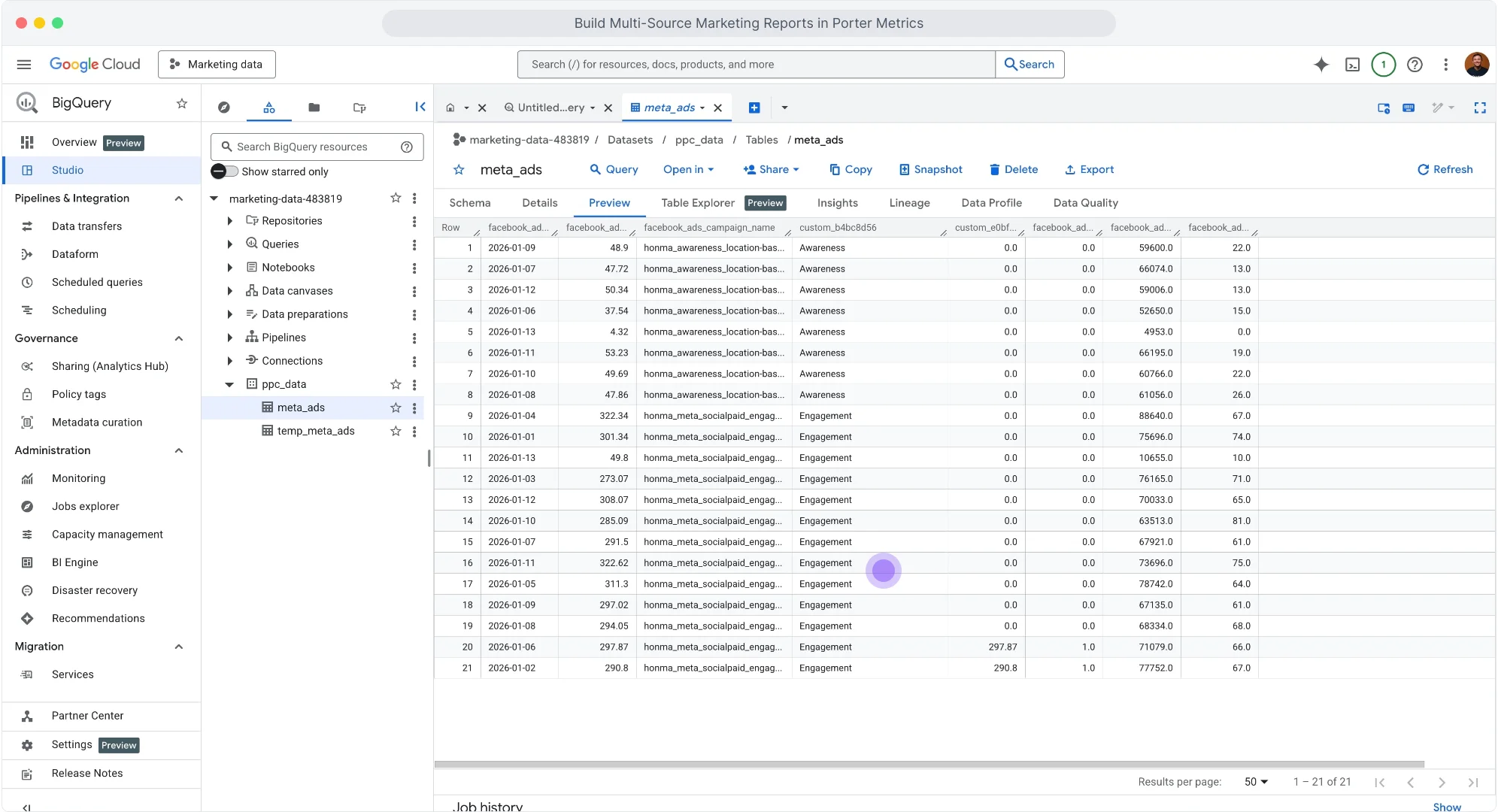Vista previa del dataset de Google BigQuery