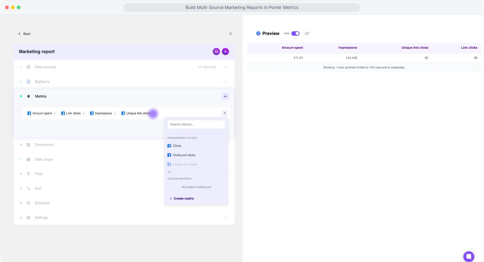 Selecciona métricas de Meta Ads para transferir a Google BigQuery
