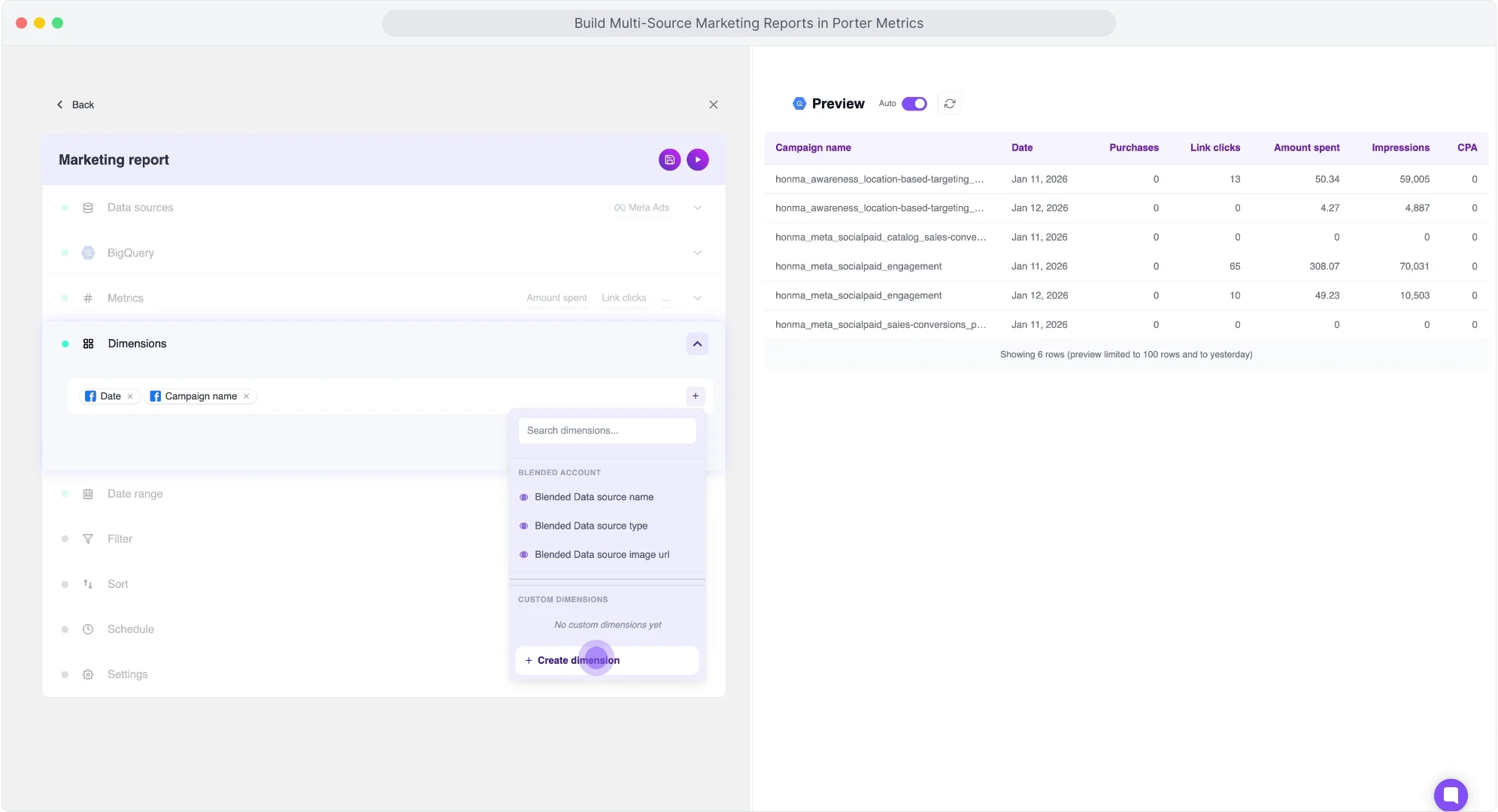 Selecciona dimensiones de Meta Ads para transferir a Google BigQuery