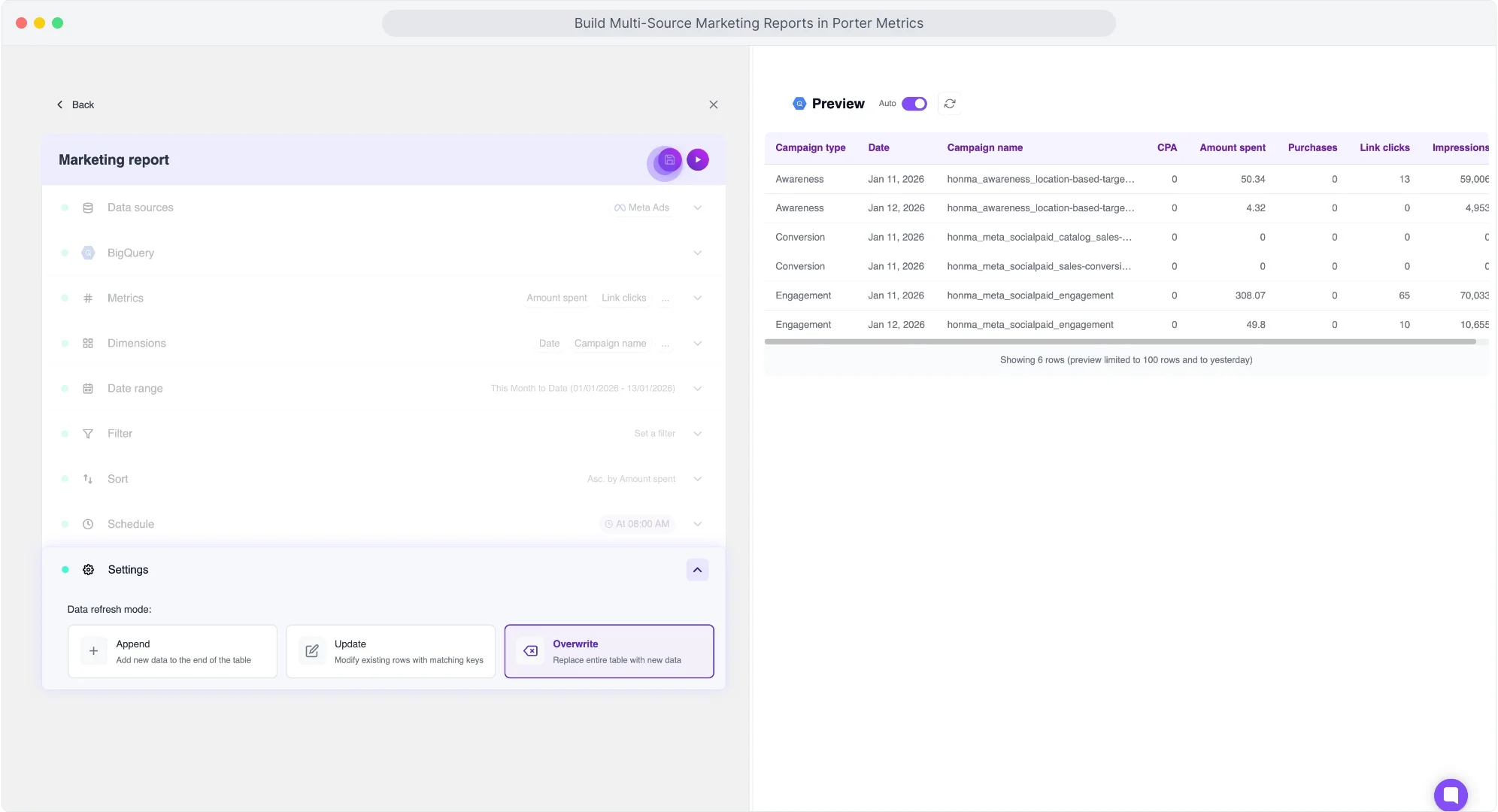 Interfaz de modo de actualización de datos