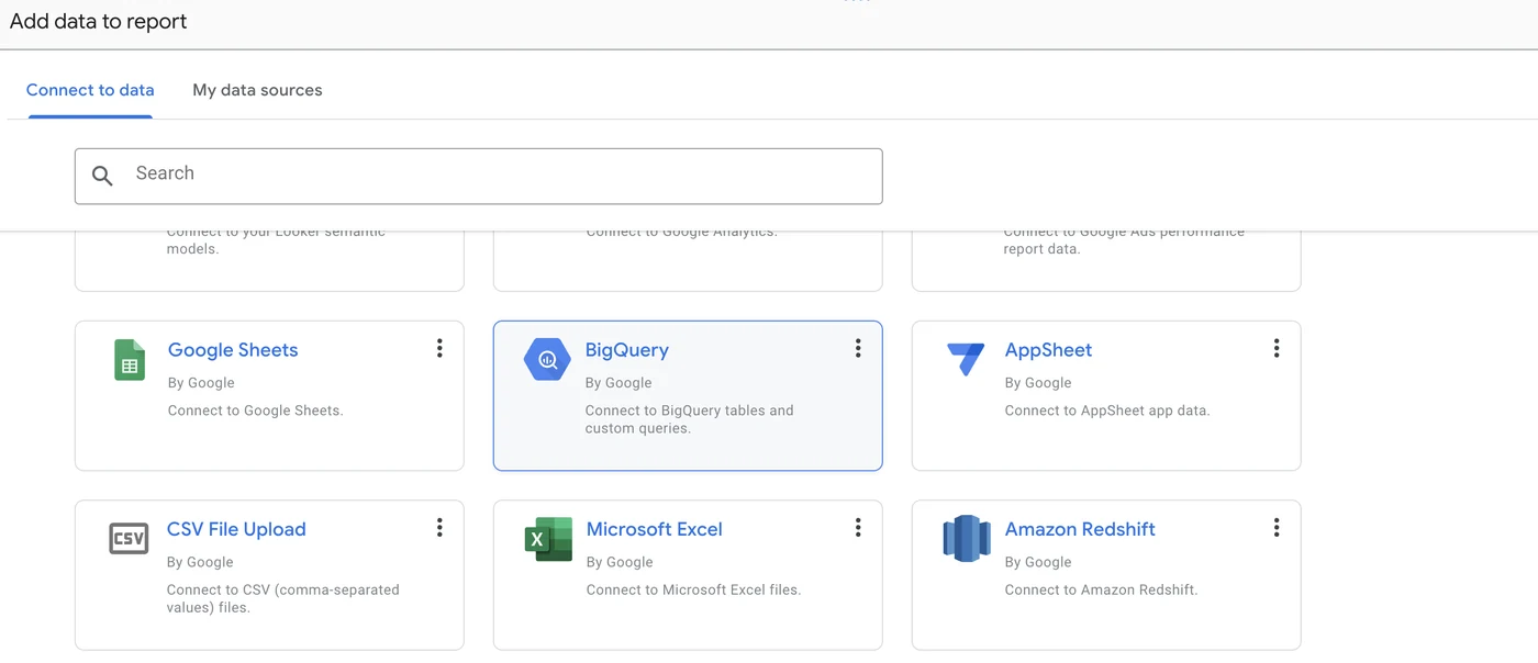 Looker Studio Add data to report panel showing BigQuery highlighted among native Google connectors — BigQuery is the fastest connection option for large marketing datasets and multi-account agency reporting