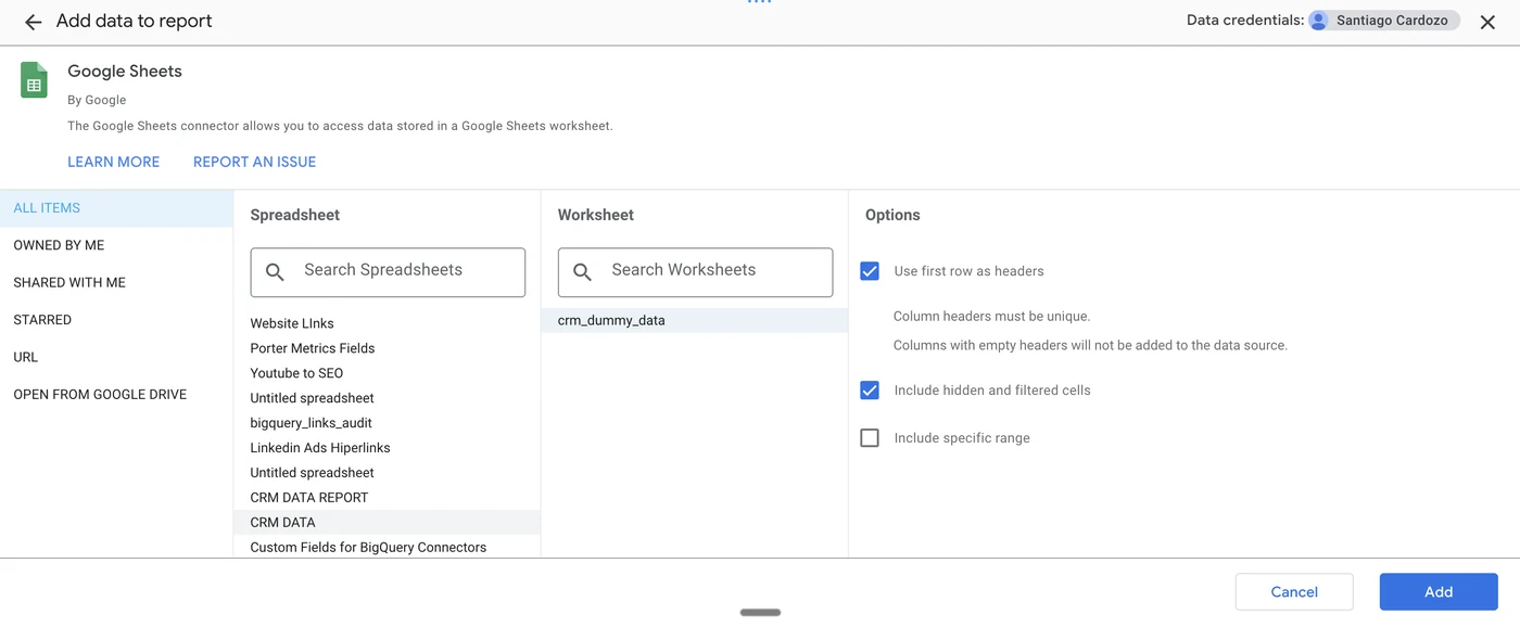 Looker Studio Add data to report panel showing the Google Sheets connector — select a spreadsheet and worksheet to connect pre-fetched marketing data instead of querying ad platforms live