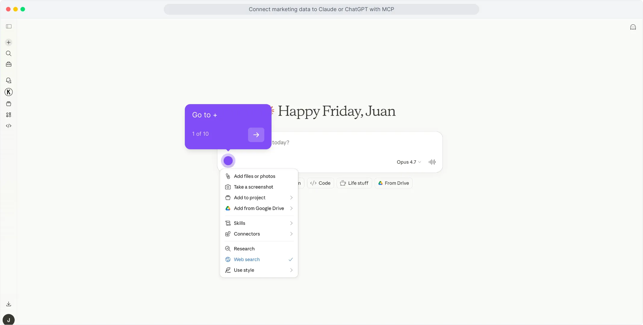 Click the + icon in the Claude chat input