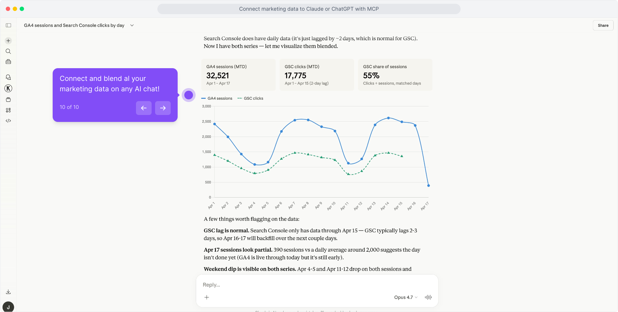 Claude response showing blended GA4 and Search Console chart