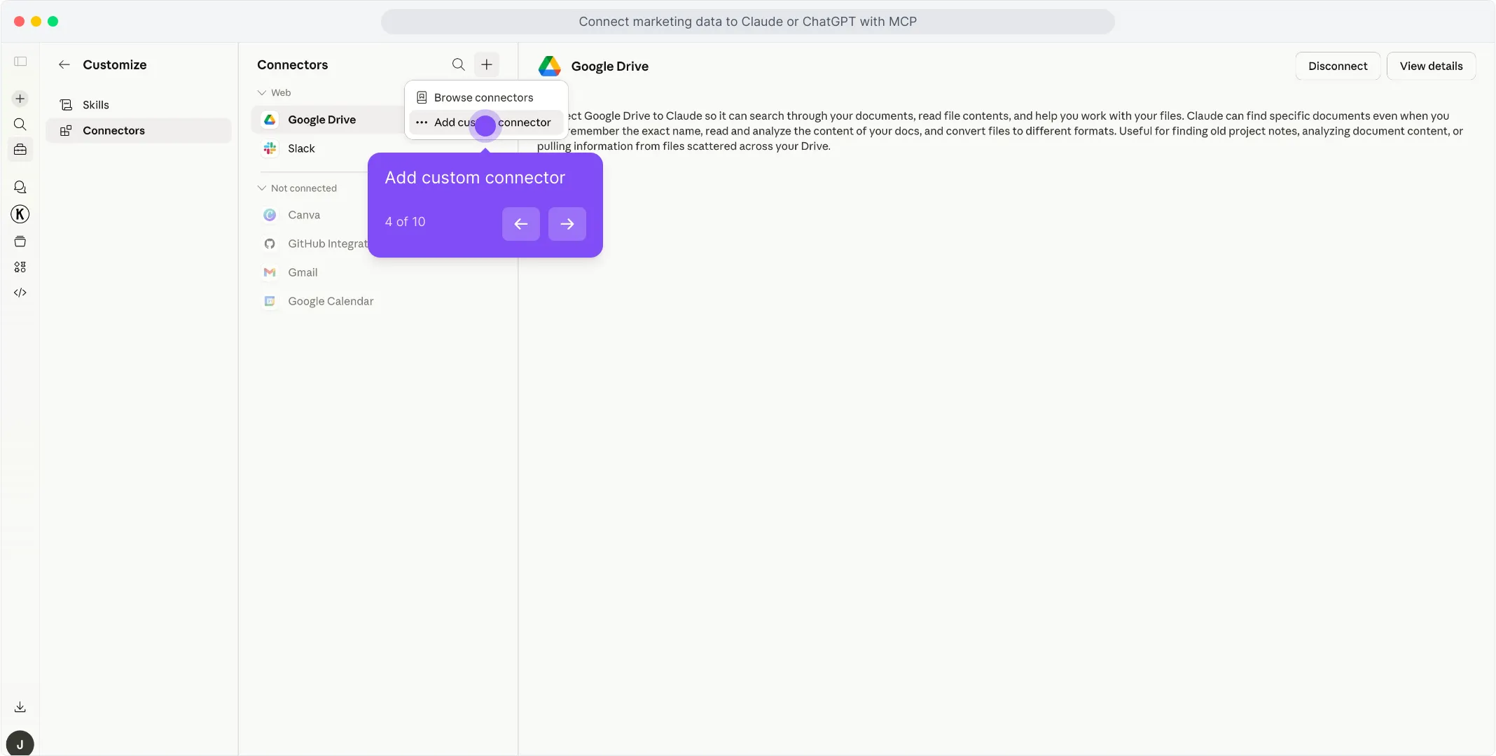 Select Add custom connector from the dropdown