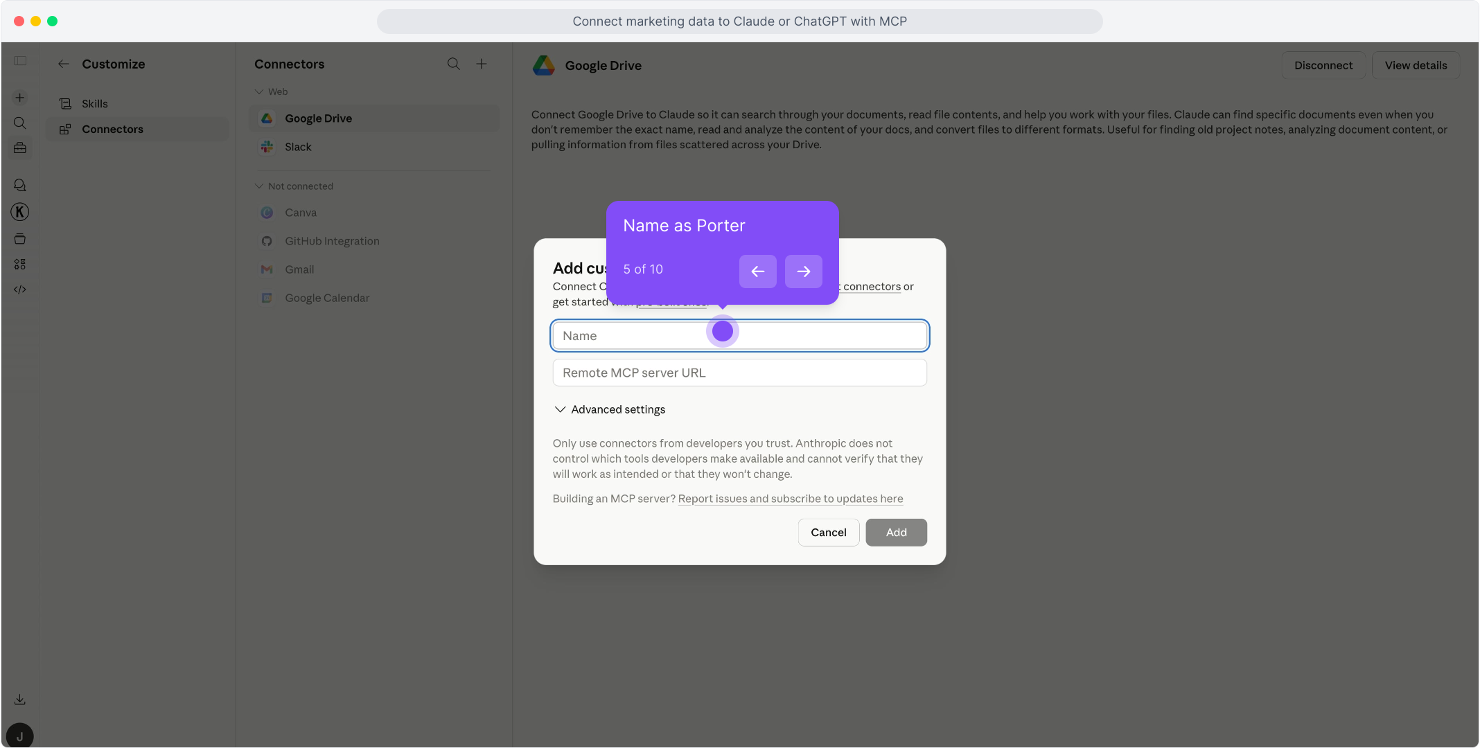 Type Porter in the connector name field