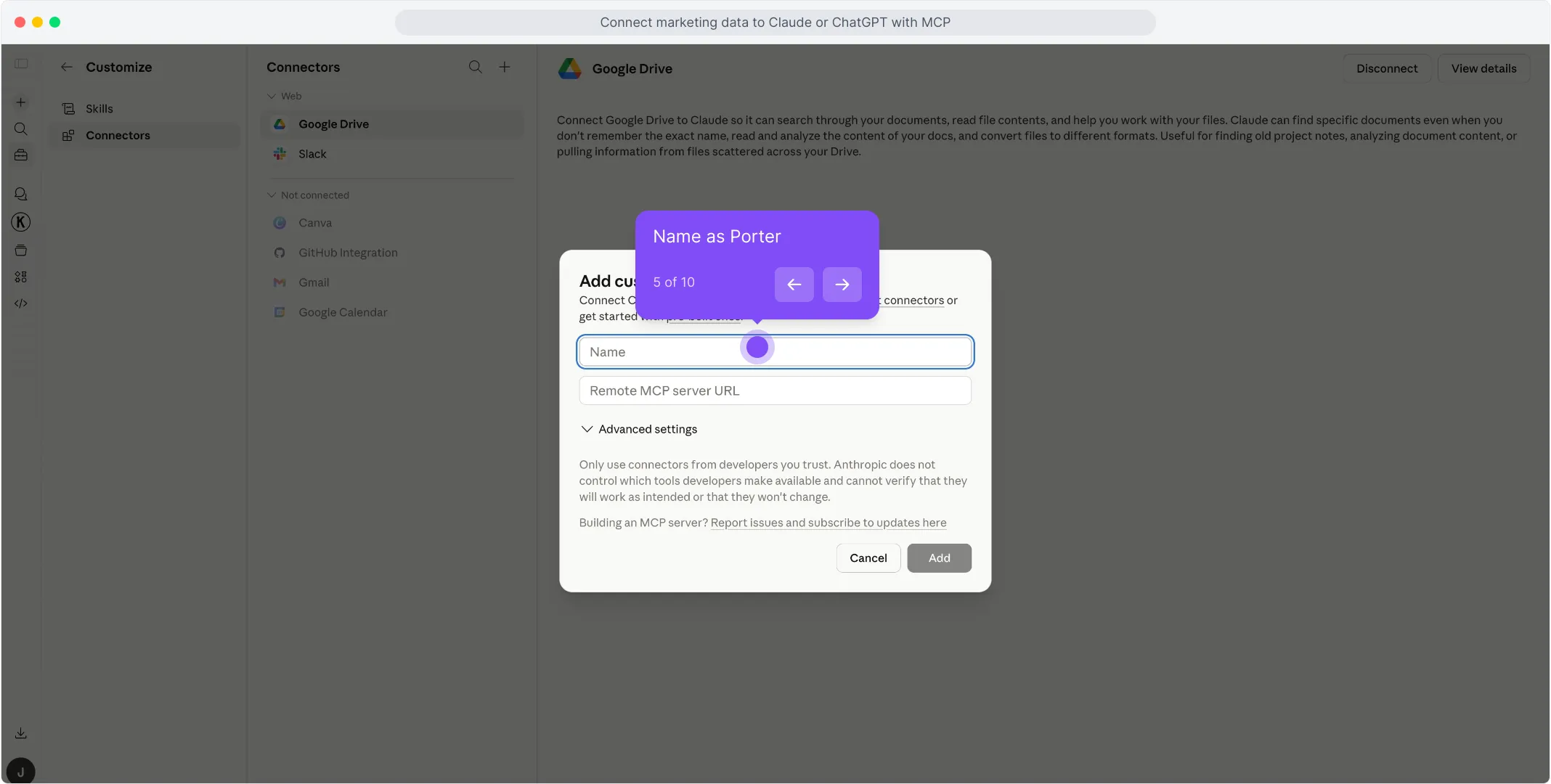 Type Porter in the connector name field