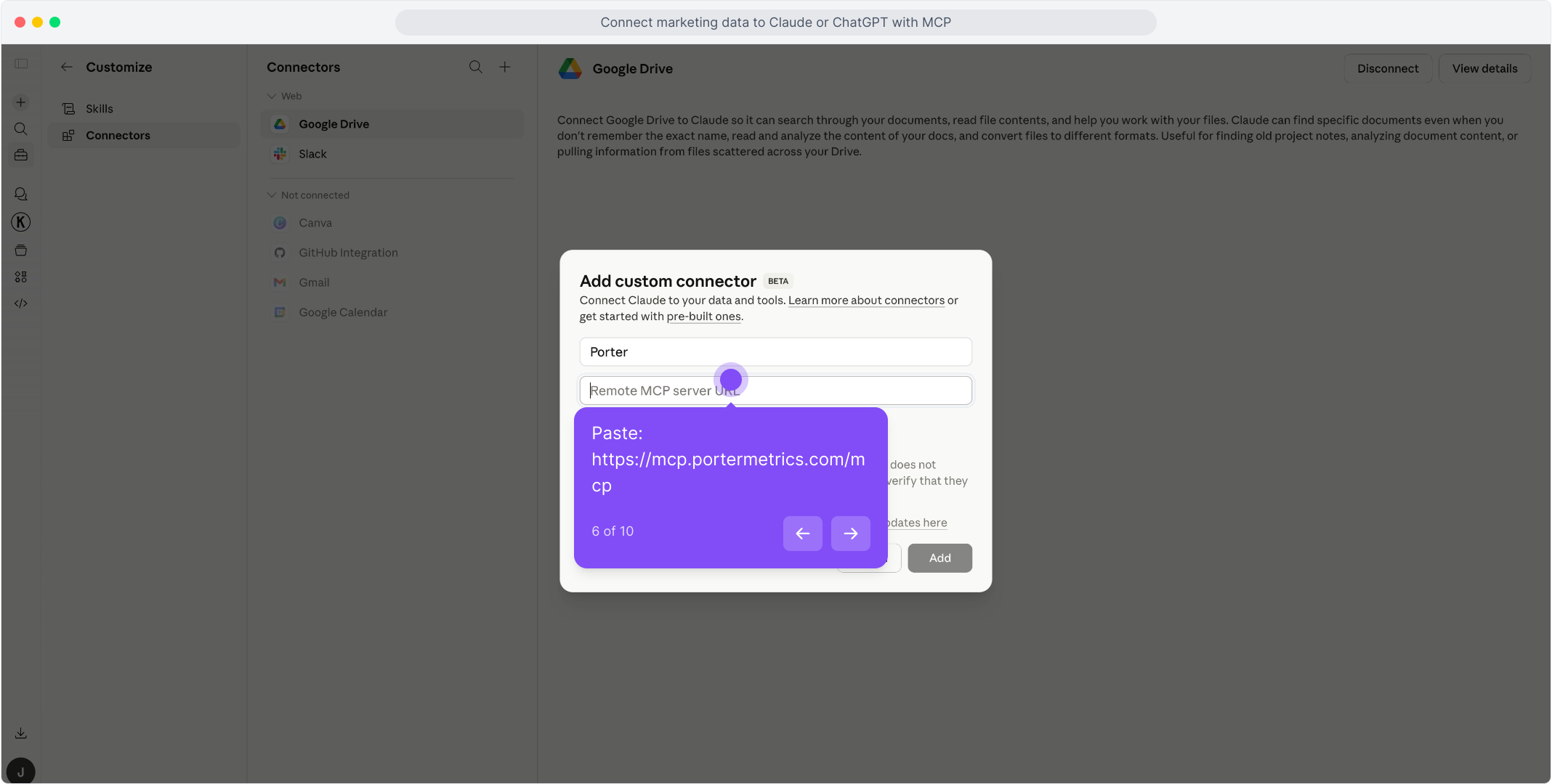 Paste the Porter MCP URL into the Remote MCP server field