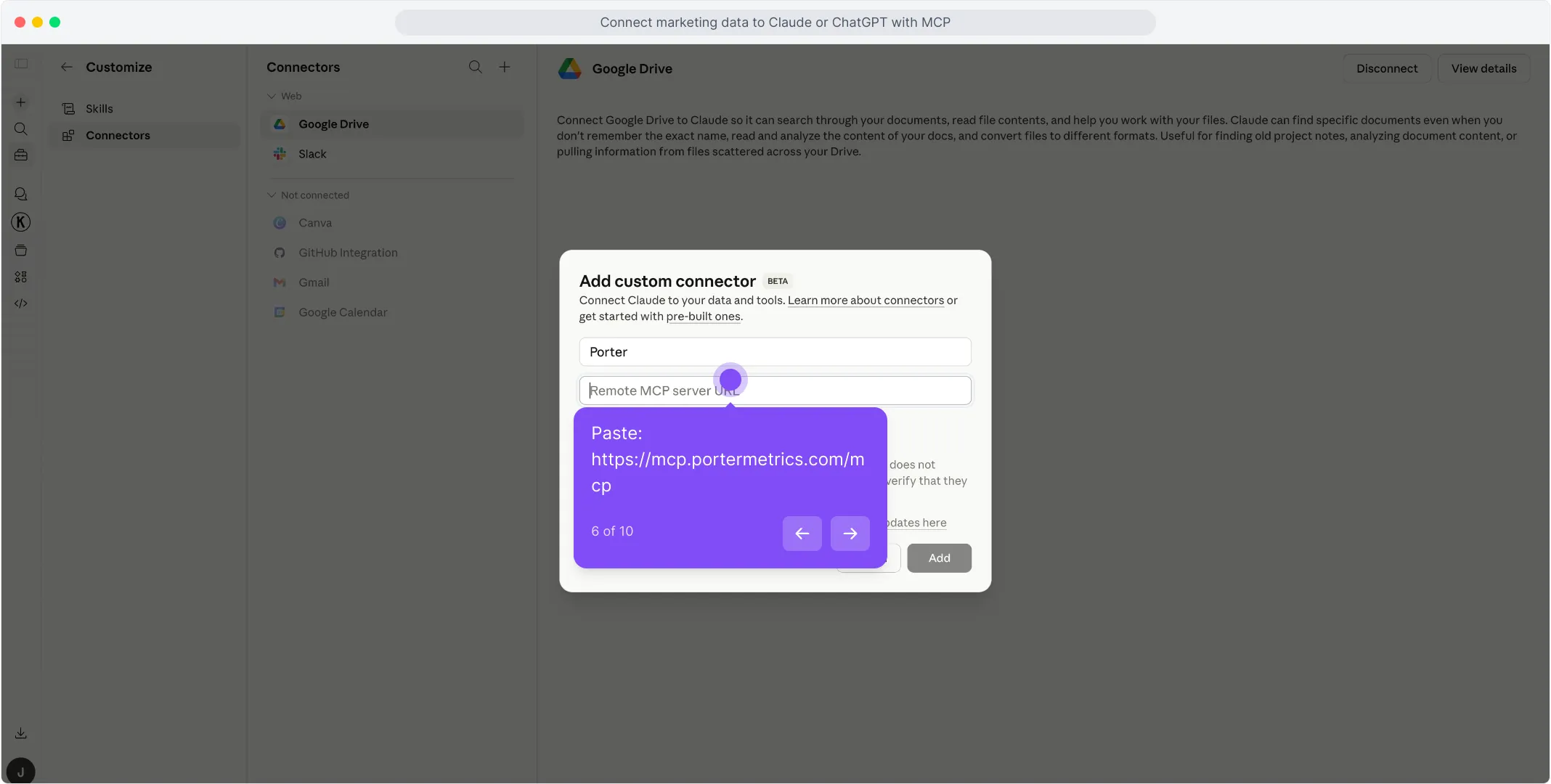 Paste the Porter MCP URL into the Remote MCP server field