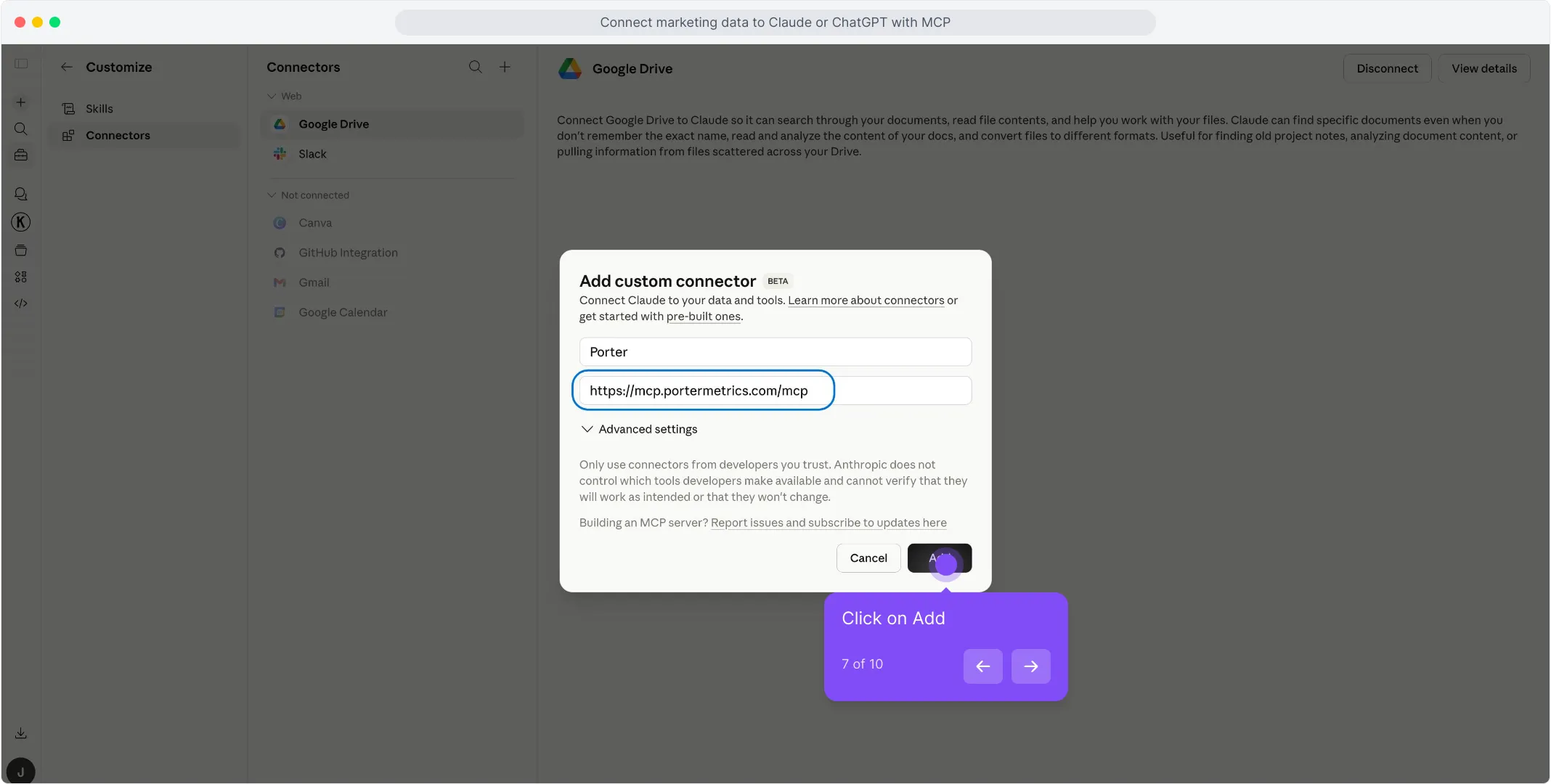 Click Add on the custom connector dialog