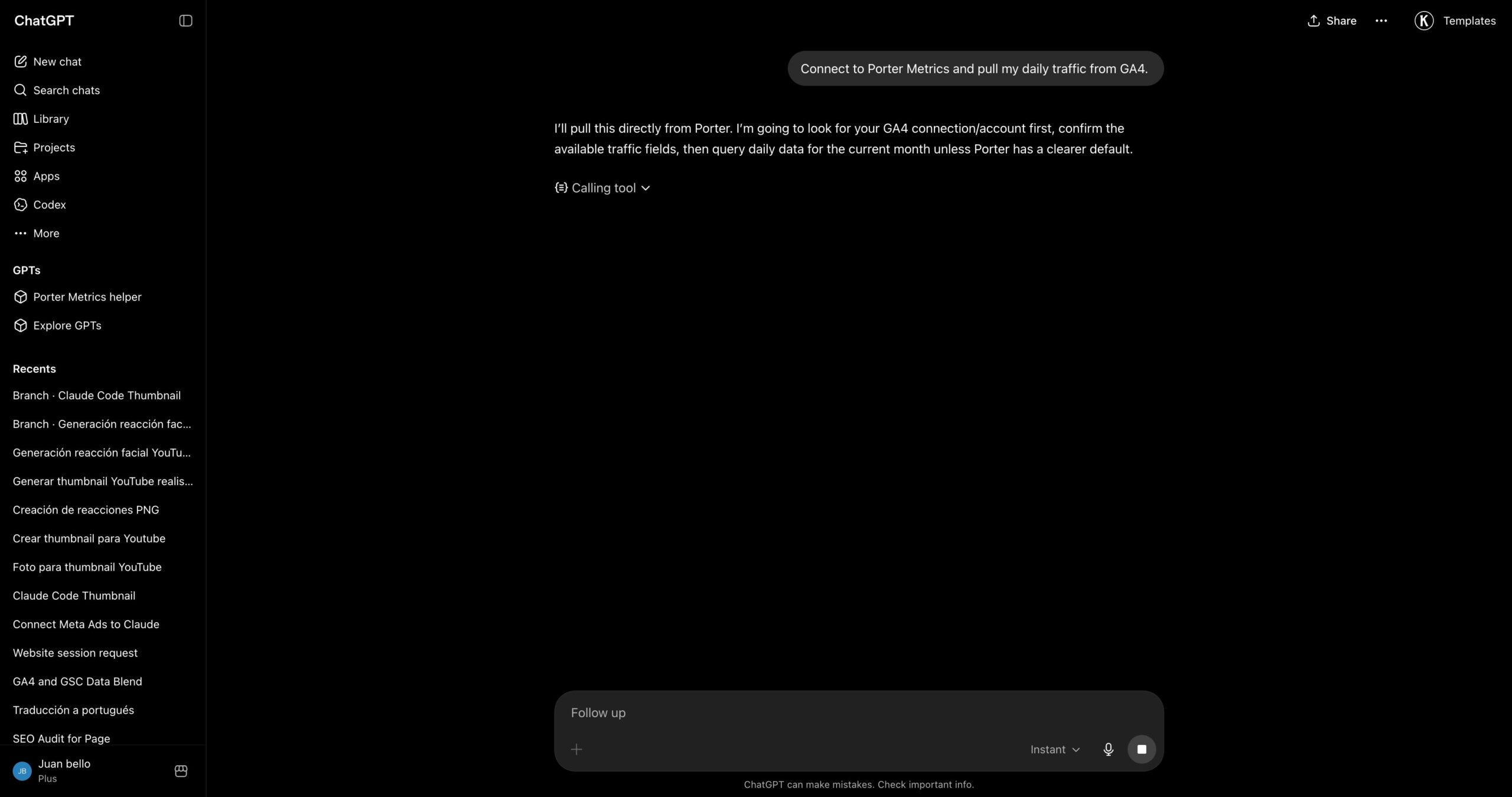 Asking ChatGPT for marketing data in plain English with Porter Metrics