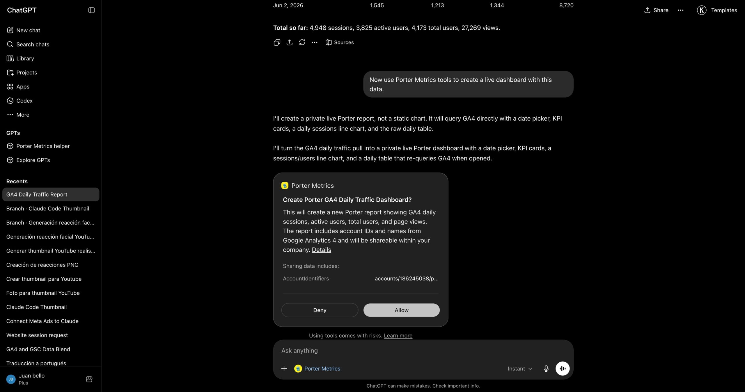 Building a live marketing dashboard in ChatGPT with Porter Metrics