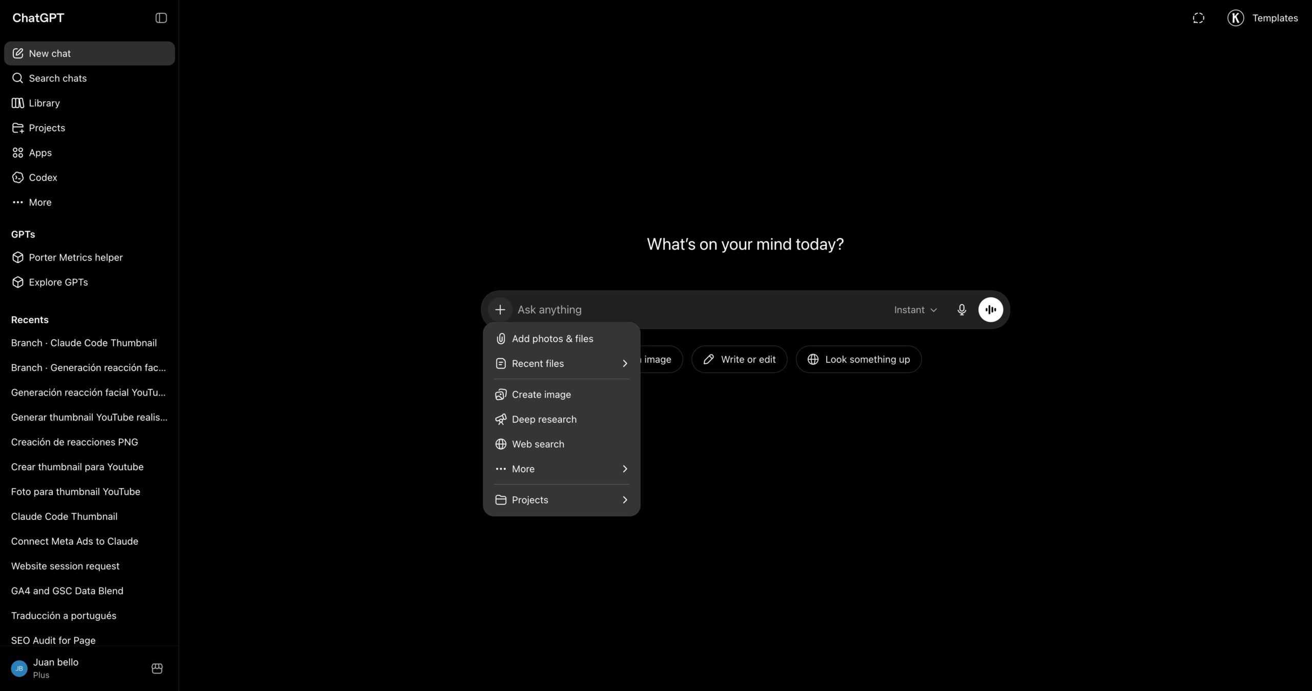 ChatGPT chat input with the + menu open
