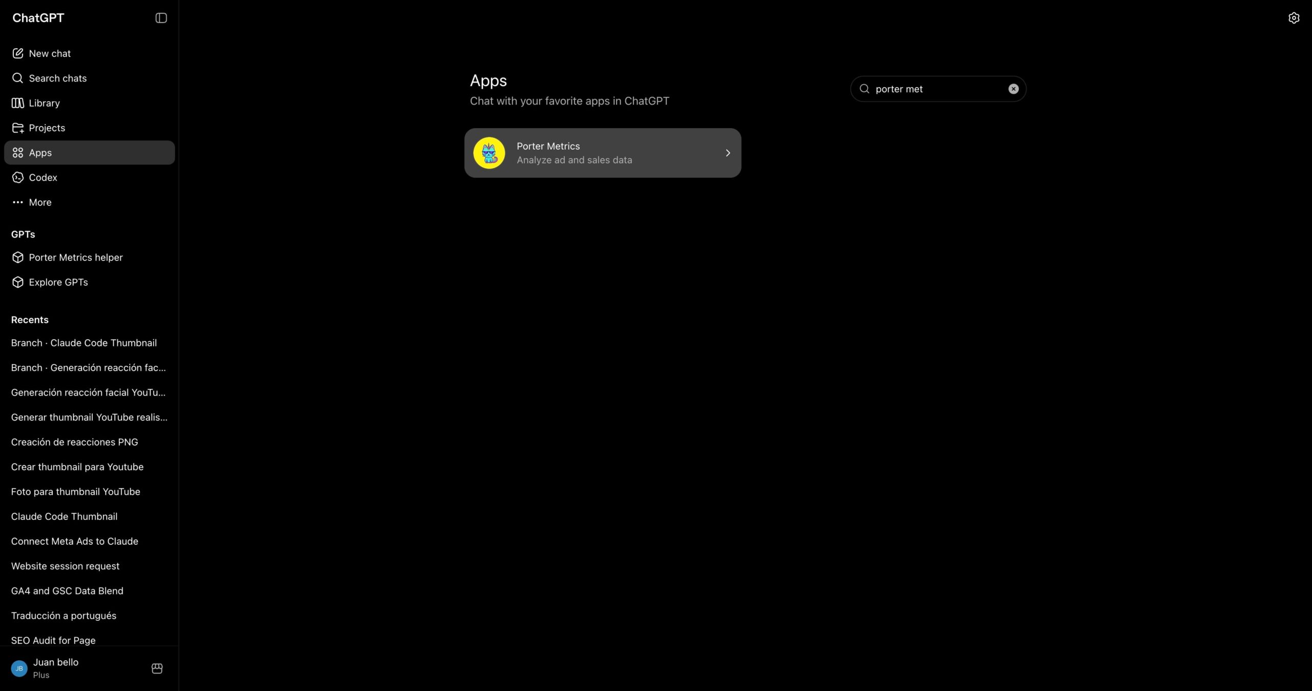 Searching the Porter Metrics app in ChatGPT sources