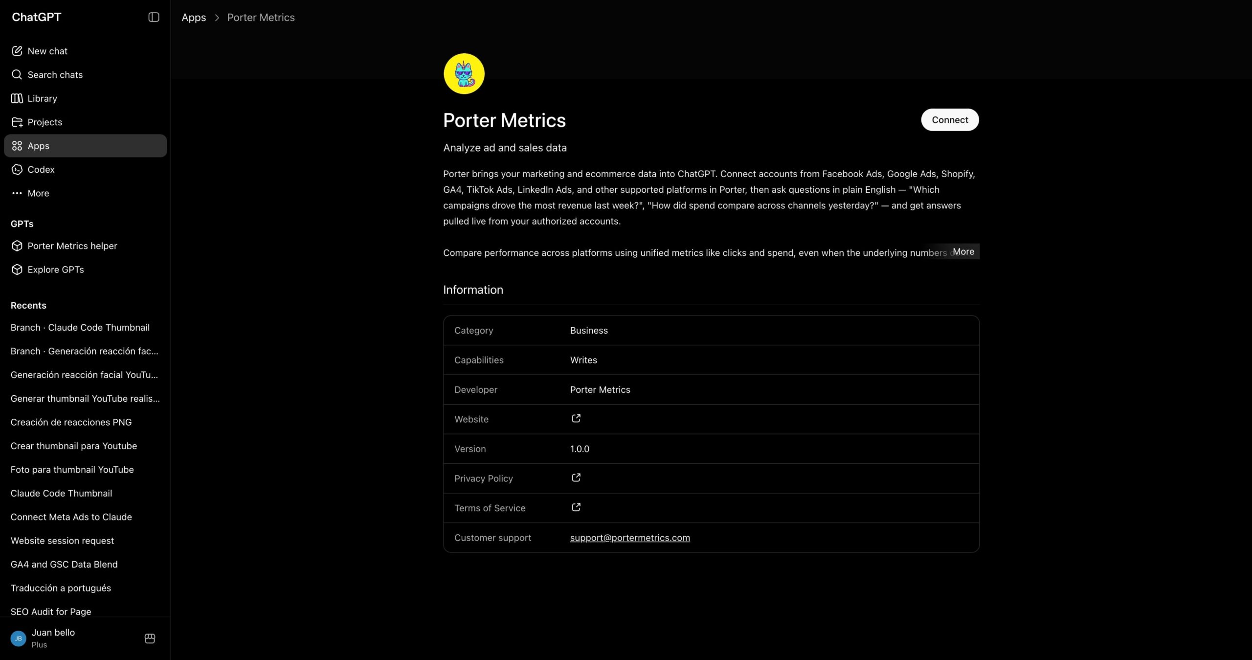 Porter Metrics app card with the Connect button in ChatGPT