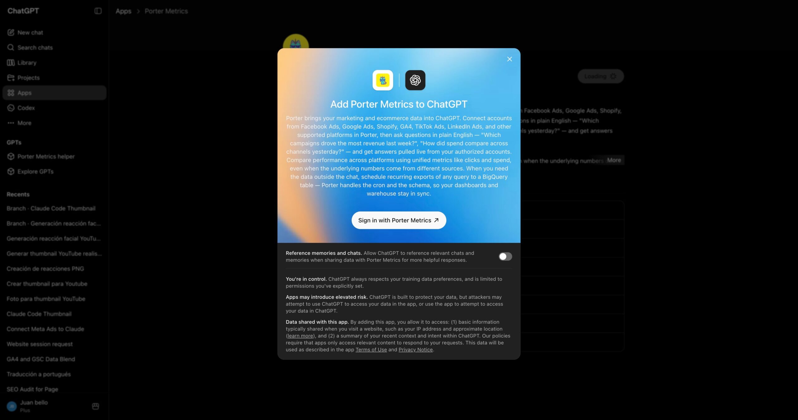 Signing in to Porter Metrics from ChatGPT