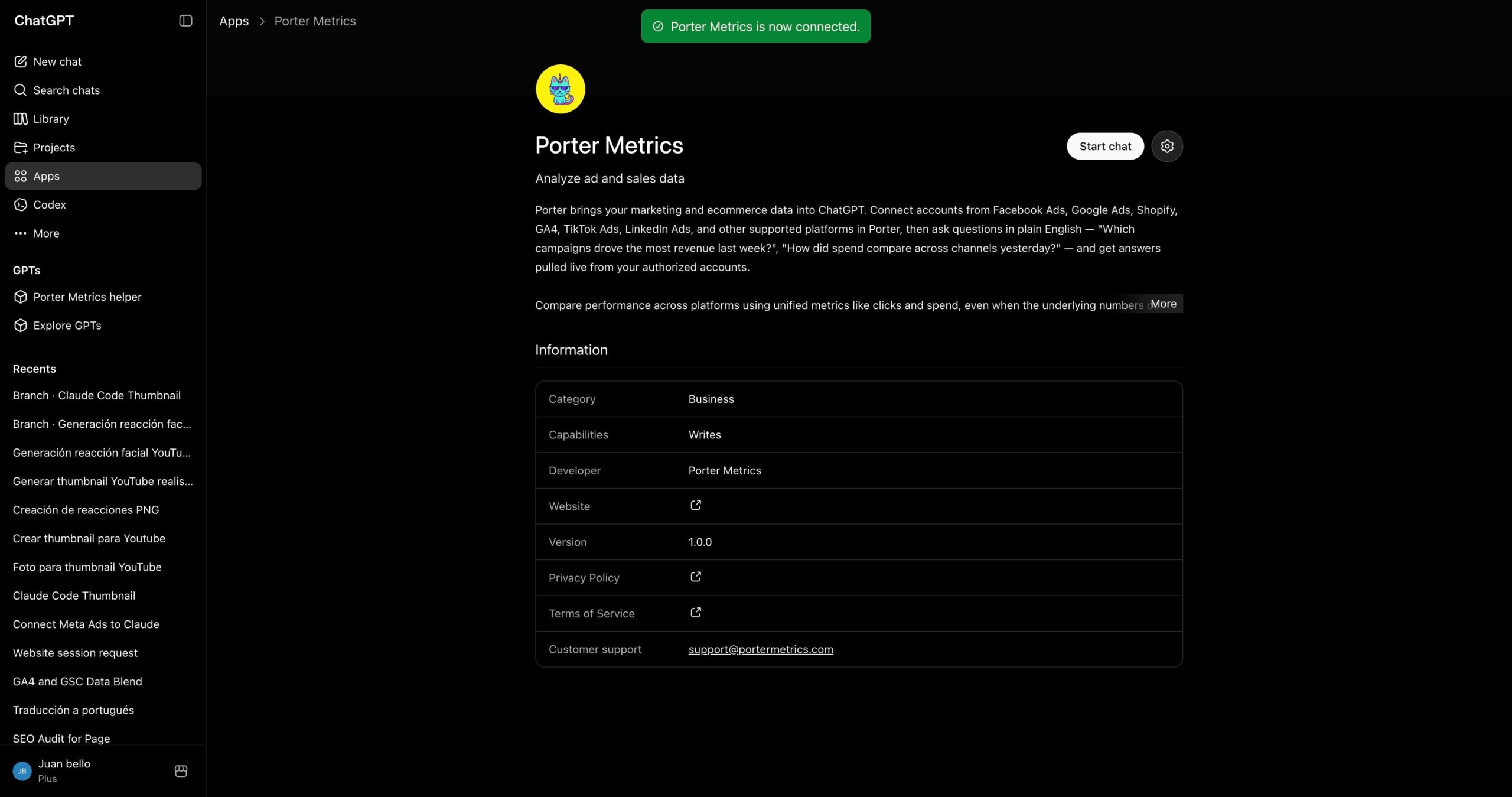 Porter Metrics connected as a source in ChatGPT
